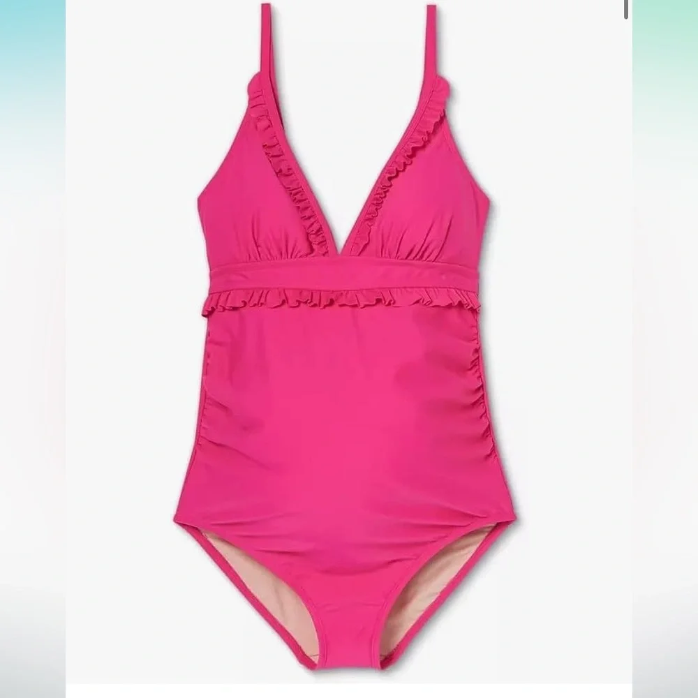 Women's Pink Ruffle Trim Maternity Swimsuit - Picture 2 of 6